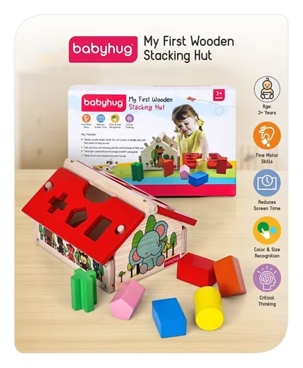 Babyhug Montessori My First Wooden Stacking Hut Shape Sorter - Multicolour