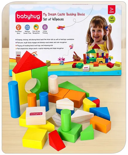 Babyhug Montessori My Dream Castle Wooden Building Blocks Set Of 40 Pieces - Multicolour