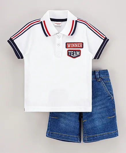 Babyhug Half Sleeves T-Shirt & Denim Shorts Text Print - White Blue