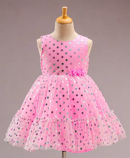 Babyhug Sleeveless Polka Printed Fit and Flare Party Wear Tiered Frock with Corsage - Pink
