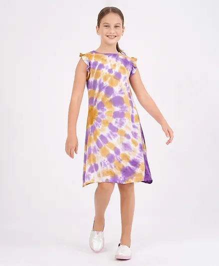 Primo Gino Frill Sleeve One Piece Dresses Tie And Dye Print - Purple