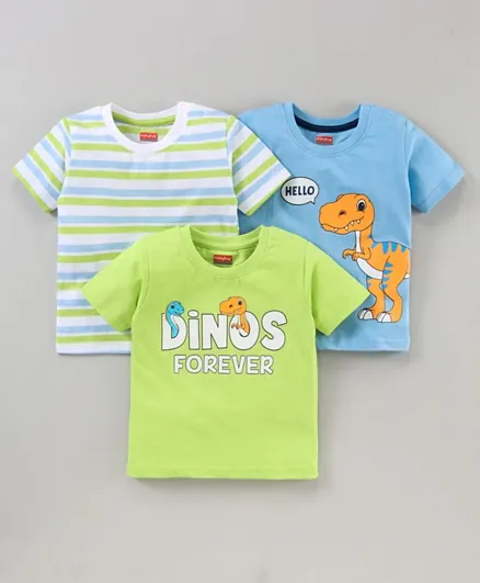 Babyhug Half Sleeves T-Shirts Striped and Dino Print Pack of 3 - Blue Green White