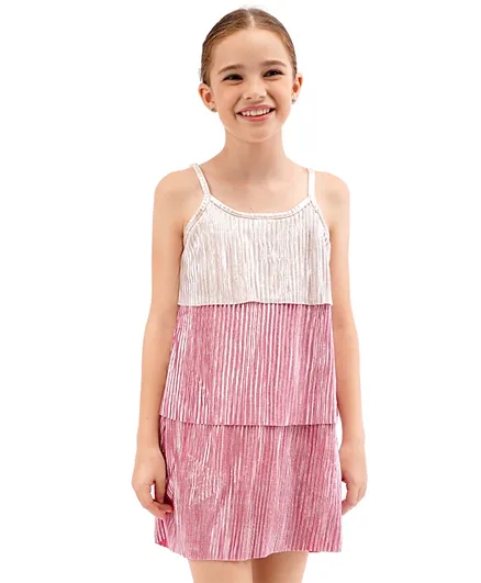 Primo Gino Singlet Sleeves Layered Party Frock Glitter Print - Pink Golden