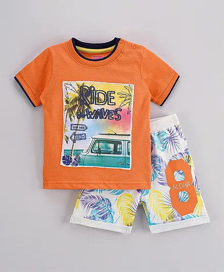 Babyhug Half Sleeves T-Shirt & Shorts Set Printed - Orange White