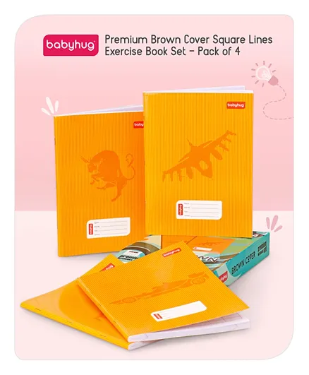 Babyhug Premium Exercise Book Set - Brown Cover Square Lines, Soft Pages, 3+ Yrs, Pack of 4