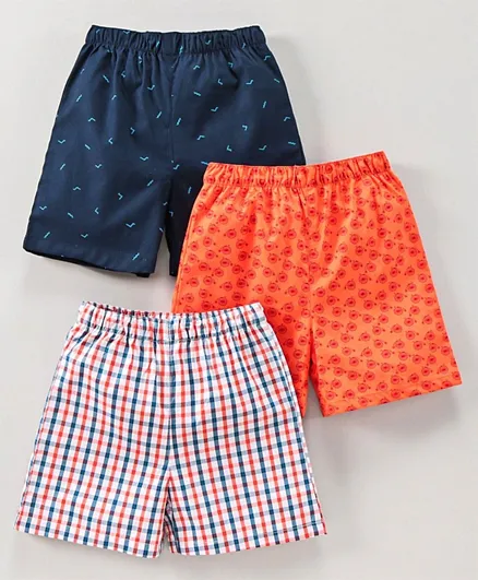 Babyhug Knee Length Cotton Boxer Check Pattern And Cycle Print Pack Of 3 - Blue White Red Orange