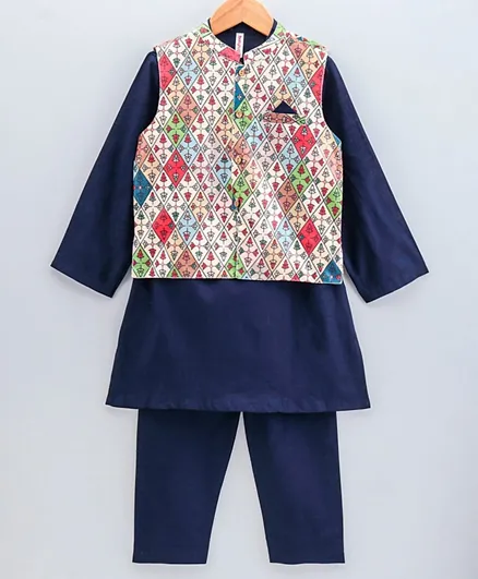 Babyhug Full Sleeves Solid Kurta and Pyjama with Printed Waistcoat - Blue