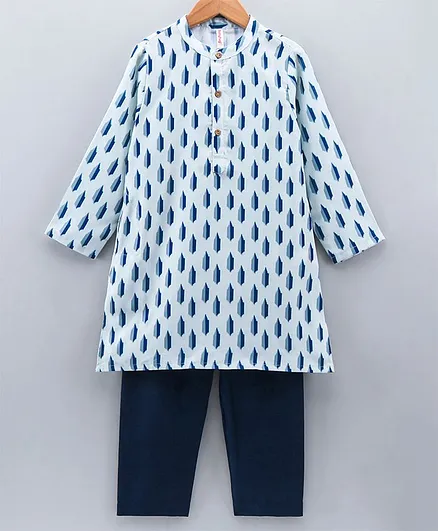Babyhug Full Sleeves Cotton Kurta & Pyjama Set Printed - Navy Blue