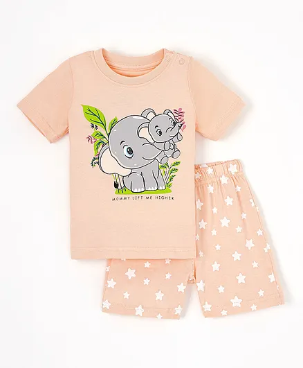 Babyhug Half Sleeves T-Shirt & Shorts Elephant Print - Peach