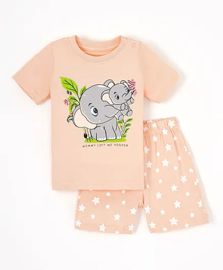 Babyhug Half Sleeves T-Shirt & Shorts Elephant Print - Peach