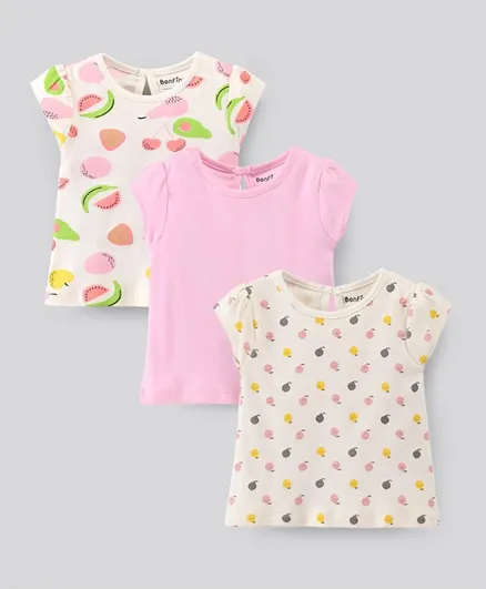 Bonfino Short Sleeves Cotton Solid and Fruit Print Tops Set of 3 - Pink Ivory