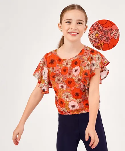 Primo Gino Half Sleeves Top With Flutter Detailing Foral Print - Orange