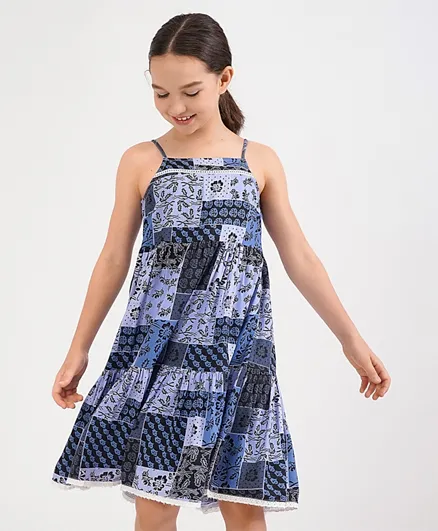 Primo Gino Singlet Sleeves Cotton Frock Abstract Print - Blue