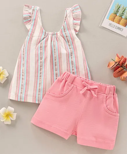 Babyhug Sleeveless Striped Top With Bow Applique & Knee length Shorts Set - Pink