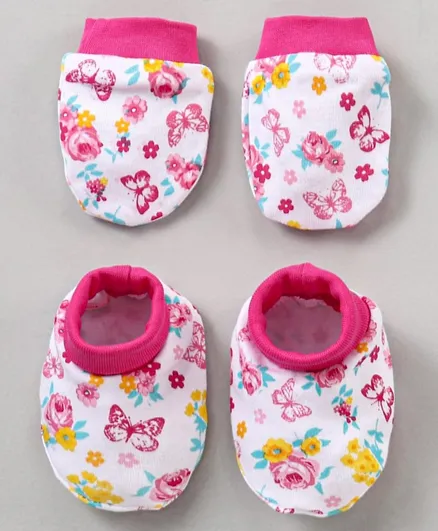 Babyhug 100% Cotton Mittens & Booties Set Floral Print- Pink