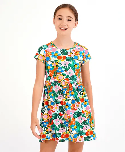 Primo Gino Cap Sleeves One Piece Frock Floral Print With Digital Print Technique - Multicolor