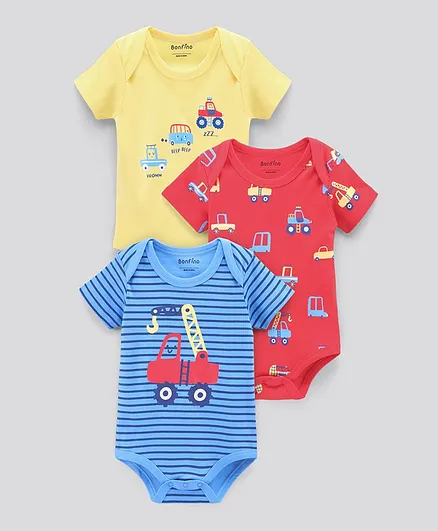 Bonfino Half Sleeves Onesies Vehicles Print Pack of 3 - Red Blue Yellow