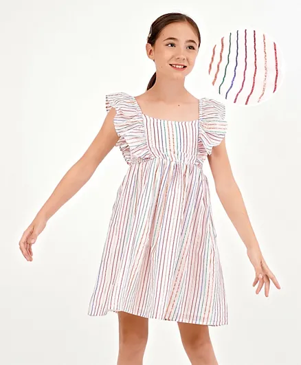 Primo Gino Flutter Sleeves Frock with Stripes Print - White