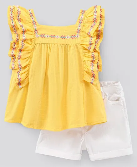 Pine Kids Flutter Sleeves Floral Embroidery Top & Shorts Set - Yellow