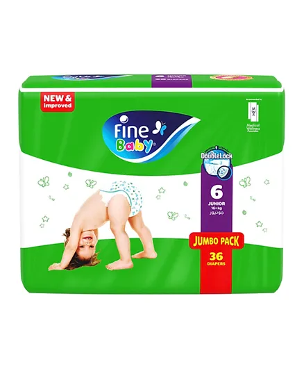 Fine Baby Diapers Double Lock Technology  Size 6 Junior 16kg + Jumbo Pack - 36 Diaper count