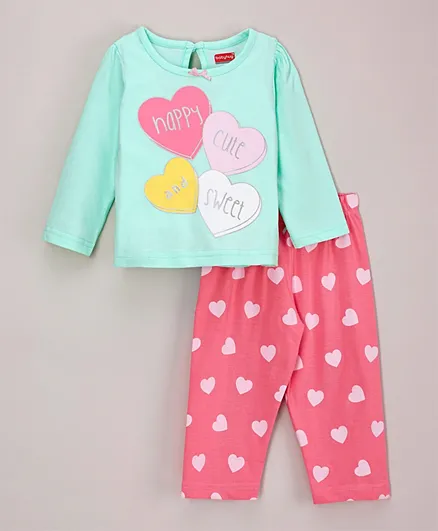 Babyhug Full Sleeves Tee & Pyjama Set Hearts Print - Blue Pink