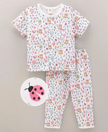 ToffyHouse Cotton Half Sleeves Pajama Set Floral Bear Printed - White