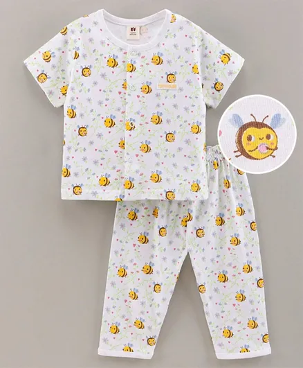 ToffyHouse Half Sleeves T-Shirt & Pyjama Set Honeybee & Floral Print - White