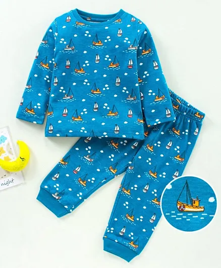 Babyhug Full Sleeves T-Shirt & Pyjama Set Yacht Print - Navy Blue