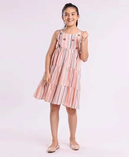 Pine Kids Girls Sleeveless Frock Stripes Print With Embroidery- Pink