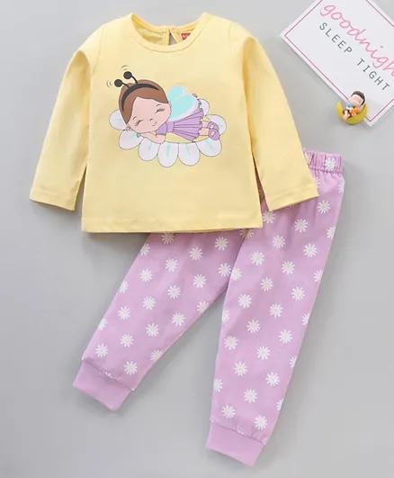 Babyhug Full Sleeves Cotton Night Suit Daisy Print- Yellow Lavender