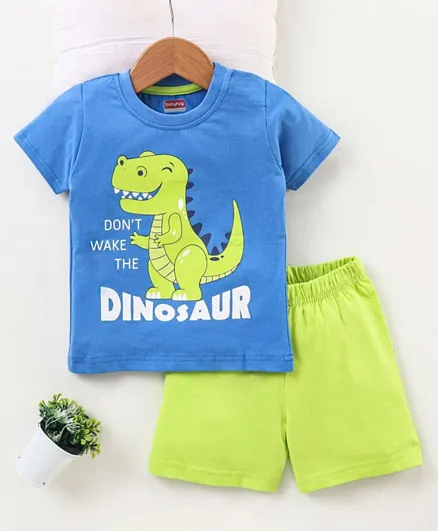 Babyhug Half Sleeves Quick Dry Cotton Shorts Night Suit Dino Print - Blue Green