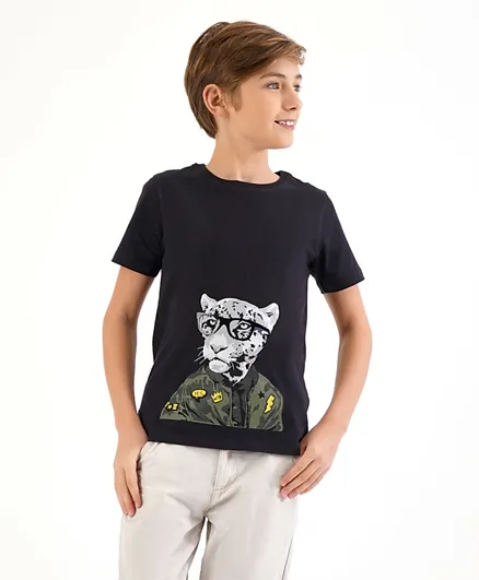 Primo Gino Half Sleeves T Shirt Tiger Sticker Print- Black