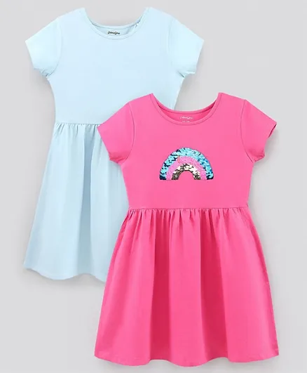 Primo Gino Cap Sleeves Frock with Reversible Rainbow Sequins & Solid Pack Of 2 - Pink Blue