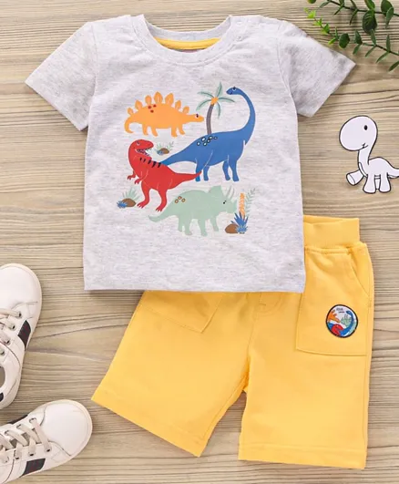 Babyhug Half Sleeves Knit T-Shirt & Shorts Set Dino Print & Patch - Grey Yellow