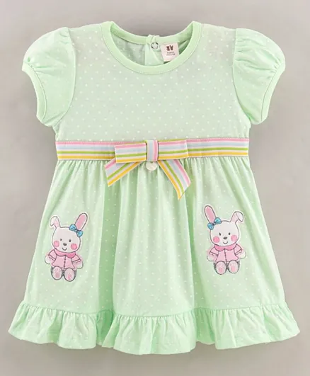 ToffyHouse Cap Sleeves Frock Polka Print & Bunny Patch - Green
