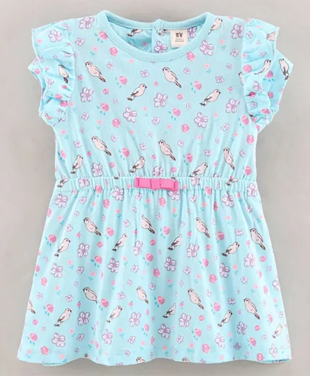 ToffyHouse Short Sleeves Frock Sparrow & Floral Print - Blue