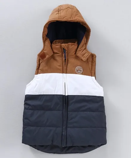 Babyhug Polyester Woven Sleeveless Hooded Heavy Winter Jacket Color Block - Beige Navy
