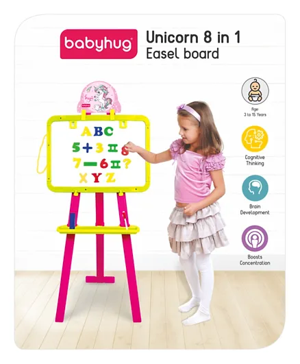 Babyhug Unicorn 8-in-1 Easel Board for Kids - Double-Sided Yellow & Pink Drawing Board, 4+ Years, Creative Play