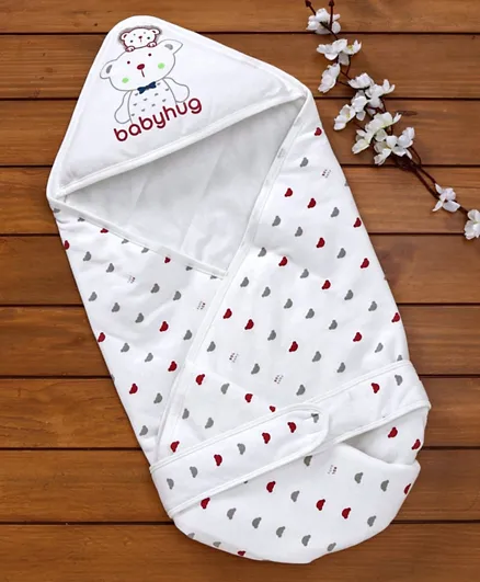 Babyhug Hooded Wrapper Convertible Sleeping Bag Bear Print - Red & White