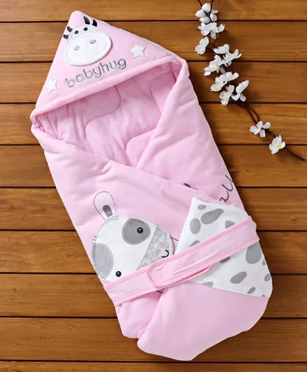 Babyhug Hooded Wrapper Convertible Sleeping Bag Cow Applique - Pink