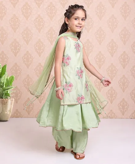 Babyhug Sleeveless Embroidered Kurta & Salwar Set with Dupatta - Green