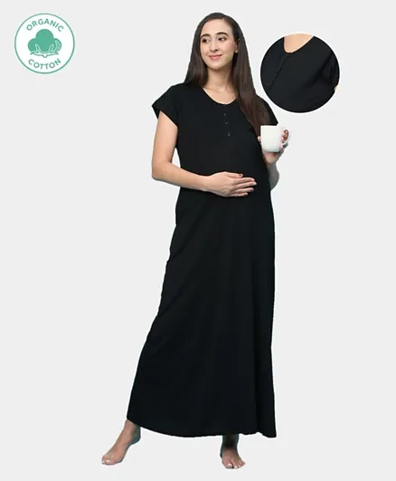ECOMAMA Organic Healthy Cap Sleeves Solid Maternity Nighty - Black
