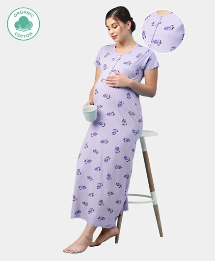 إيكوماما - قميص نوم صحي عضوي بأكمام قصيرة للأمومة والرضاعة بنقشة الأزهار - أرجواني فاتح
