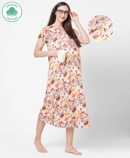 ECOMAMA Organic Cotton Short Sleeves Maternity Nursing Nighty Floral Print - Pink