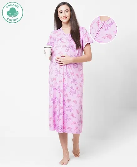 ECOMAMA Organic Cotton Half Sleeves Maternity Nighty Floral Print - Purple