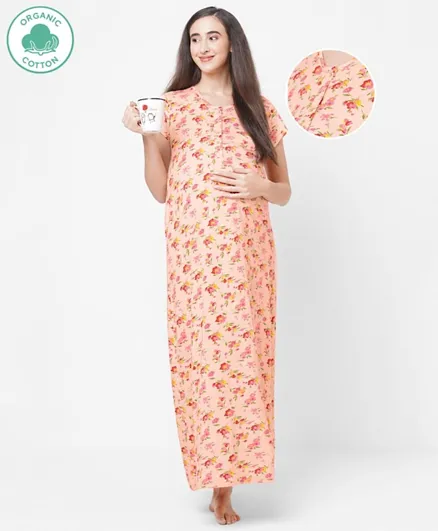 ECOMAMA Organic Healthy Cap Sleeves Maternity Nighty Floral Print - Peach