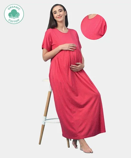 ECOMAMA Half Sleeves Organic Cotton Dot Printed Maternity Nighty - Red