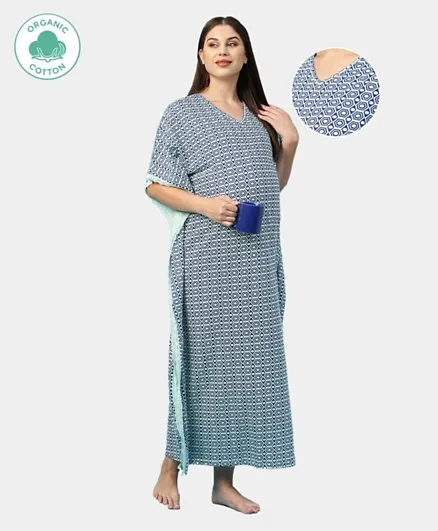 ECOMAMA Half Sleeves Organic Cotton Kaftan Style Lace Maternity Nighty Printed - Blue