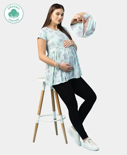 ECOMAMA Organic Healthy Cap Sleeves Lounge Maternity Top Leafy Print - Light Blue