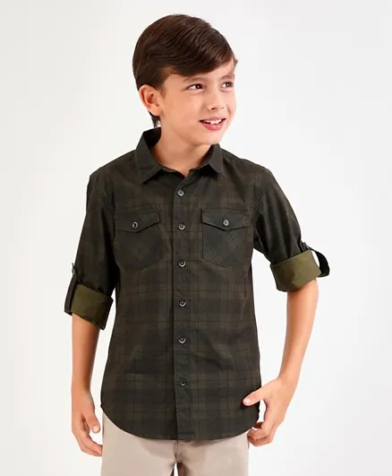 قميص بريمو جينو قطن 100% بنقشة مربعات مع أكمام قابلة للطي وجيب على الصدر - زيتوني